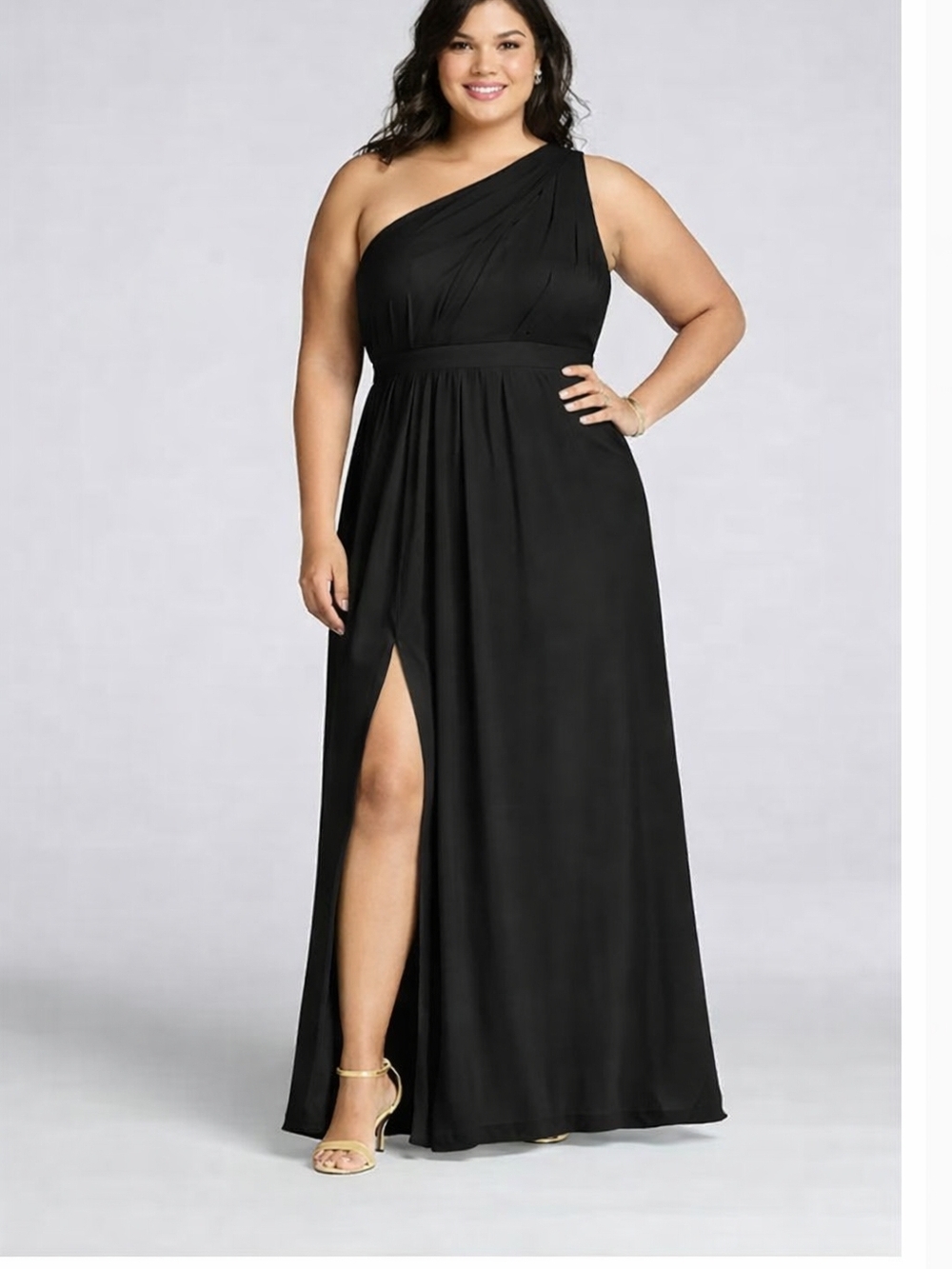 One-Shoulder Black Evening Dress with Thigh Slit - PLUS SIZE